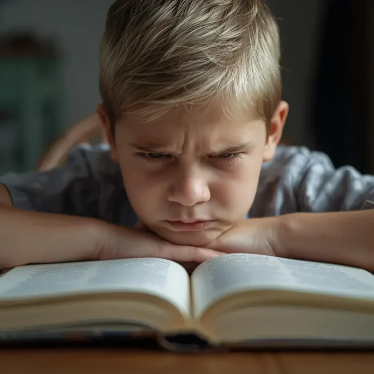 Jongen die boos naar een boek aan het staren is