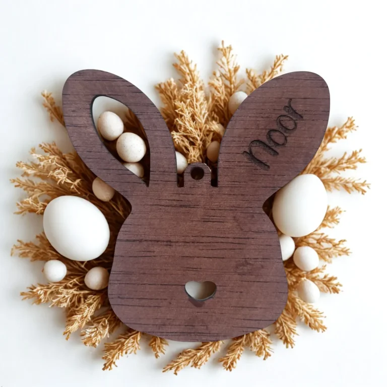 Paas Ornament konijn in een donkere kleur met naam gegraveerd in oor