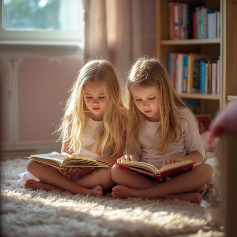 2 meiden die samen aan het lezen zijn in een sfeervolle kamer