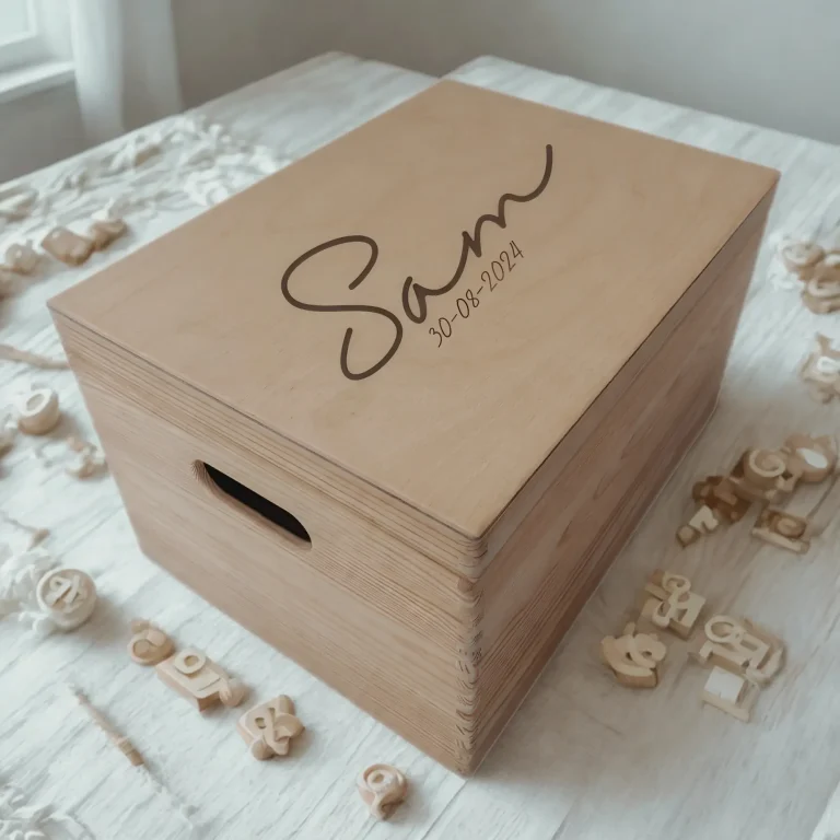 XL houten herinneringskist met naam en geboortedatum