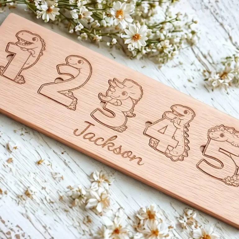 Houten naam en cijfer puzzel met dino's 