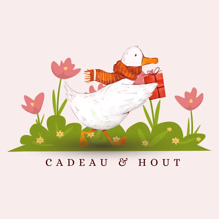 Logo van eend Gaby's Handwerkstudio met cadeau en hout als tekst