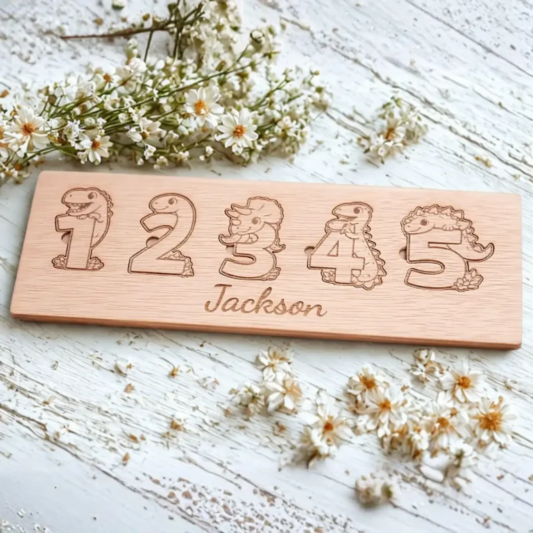 Houten naam en cijferpuzzel met dino's
